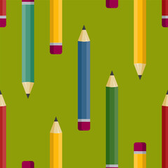 Cute vector seamless pattern with many big bright pencils with eraser icons. Graphic flat style stationery background. Graphite rod. Notes. Funny school education print. Cartoon kids room wallpaper