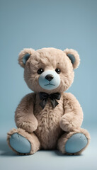 Obraz premium Fluffy Teddy Bear with Blue Accents and Black Bow Tie on Pastel Blue Background 