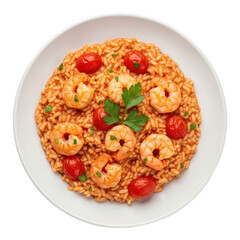 Overhead View of a Plate of Prepared Shrimp Risotto Garnished with Fresh Cherry Tomatoes and Parsley on White Background