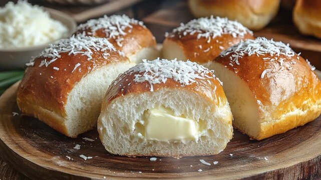 Pani popo bun on wooden board with smoke