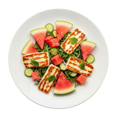 Overhead View of a Vibrant Summer Salad with Watermelon Haloumi and Cucumber on White Plate with Transparent Background