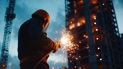 Dramatic Evening Construction Worker Welding Sparks at Construction Site View