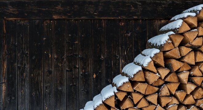 A neatly arranged stack of triangular firewood logs covered with fresh white snow rests against a dark, weathered wooden wall, showcasing natural textures and cool winter tones.