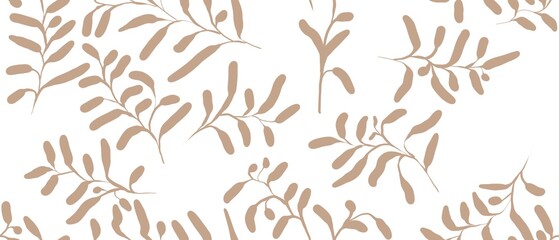 Seamless abstract botanical pattern. Background in brown, white. Illustration. Plants, leaves. Design for textile fabrics, wrapping paper, background, wallpaper, cover.