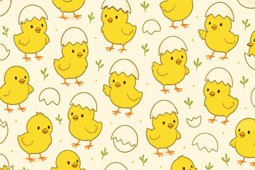 Seamless pattern of cute yellow chicks hatching from easter eggs with subtle floral elements