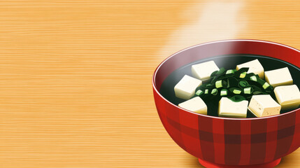Stylized Detailed Miso Soup Bowl with Tofu and Seaweed Illustration