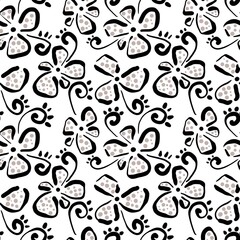 Seamless abstract botanical pattern. Simple background with black, beige, white texture. Digital brush strokes. Flowers, dots. Design for textile fabrics, wrapping paper, background, wallpaper, cover.