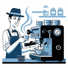 Barista meticulously prepares hot coffee with steam rising from an espresso machine in a cozy cafe setting illustration