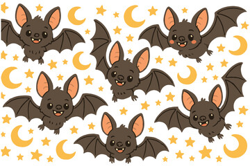 Cute cartoon bats and crescent moons seamless pattern for halloween decorations and designs