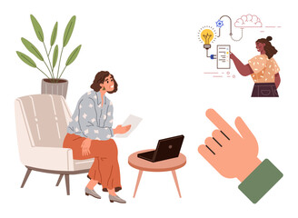 Woman sitting with documents near a laptop, another showing a cloud-based idea linking technology, creativity, and problem-solving. Ideal for teamwork, brainstorming, innovation, research, remote