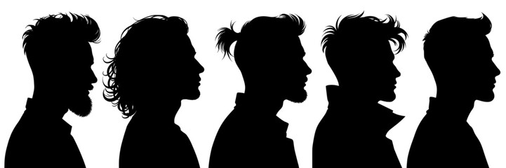 Set of male profile silhouettes with different contemporary hairstyles. Collection shows diversity of trendy fashionable men’s looks for design, advertising, barbershop branding and creative projects