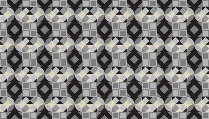 Seamless geometric pattern with monochrome diamonds, squares, and arcs. Modern abstract design in gray, black, and soft green for wallpaper, textile, and background