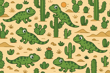 Cute cartoon dinosaurs and various cacti in a desert landscape seamless pattern