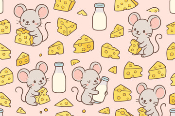 Cute cartoon mice and cheese pattern with milk bottles on a pink background