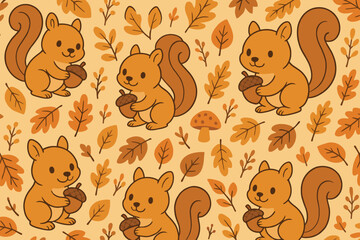Cute cartoon squirrels holding acorns surrounded by autumn leaves and mushrooms in a warm color palette