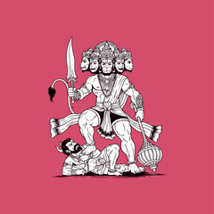 Detailed vector line art of Panchmukhi Hanuman (Five-faced Hanuman) standing victorious over a demon, holding a sword and mace. Symbolizes protection and strength on a vibrant pink background.