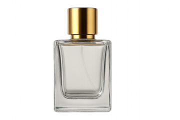 Transparent perfume bottle on plain background