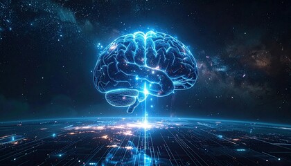 Abstract Glowing Brain Symbol Over Digital Circuitry Background with Bright Stars Artificial Intelligence Concept