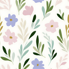 Seamless pattern with abstract botanical elements, featuring leaves and flowers. Modern organic design for textile print and decorative paper.