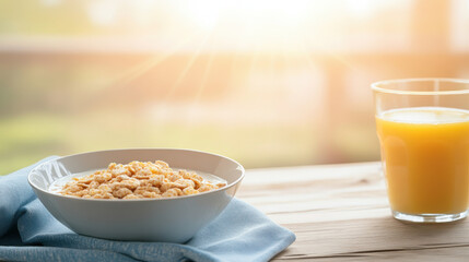 Bright Morning Healthy Cereal and Orange Juice Breakfast Still Life