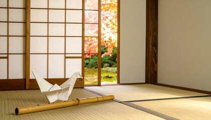 Origami Crane and Bamboo Flute in Japanese Room with Autumn View
