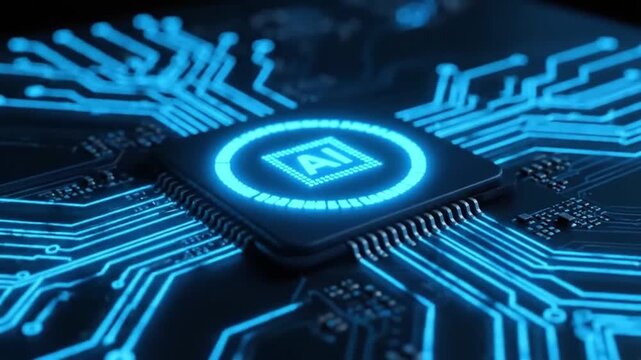 Concept: Advanced Microprocessor Connecting with a Motherboard and Activates entire System. AI Letters on Chip Glowing. Energy Pulse Expanding after CPU Connected to Socket.