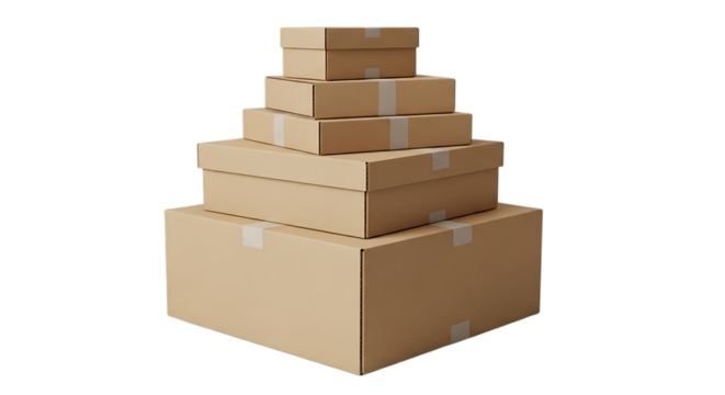 Stack of brown cardboard boxes of varying sizes, sealed with tape.