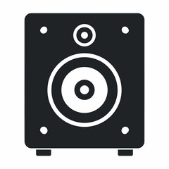 A black and white icon of a single audio speaker with a woofer and tweeter.