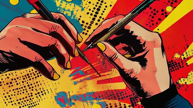 Close up of two hands writing with pens on a colorful background.