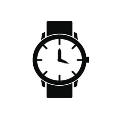Black and white illustration of a wristwatch with a round face and a strap.