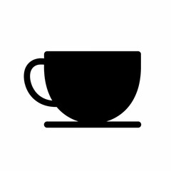 A simple black silhouette of a coffee cup and saucer.