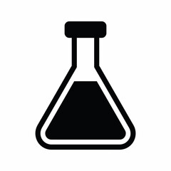 Black silhouette icon of a conical flask, also known as an Erlenmeyer flask, partially filled with liquid, representing laboratory science and experimentation.