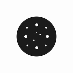 A simple, stylized black circle with numerous small white dots scattered across its surface, resembling a cookie with chocolate chips or a celestial body.