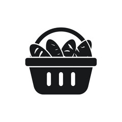 Black and white illustration of a basket filled with several loaves of bread.