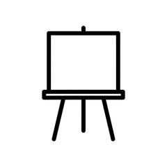 Simple black line art icon of an artist's easel holding a blank white canvas on a tripod stand.