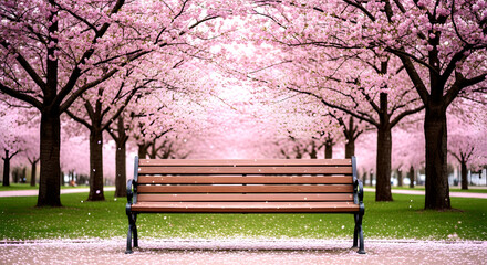 A wooden bench sits under blooming cherry trees in a park on a path covered in petals and grass