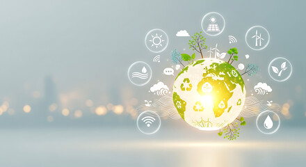 Digital globe with ecology icons and city background