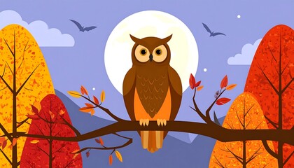 Owl Sitting on a Branch with Autumnal Trees and Full Moon