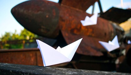 Paper Boats Floating Against Rusty Background Creative Concept