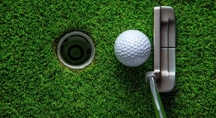 Overhead view of a golf green, golf ball, putter, and hole, all on vibrant green grass