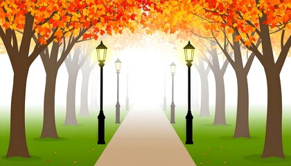 Path Through Park Lined with Trees and Street Lamps in Autumn