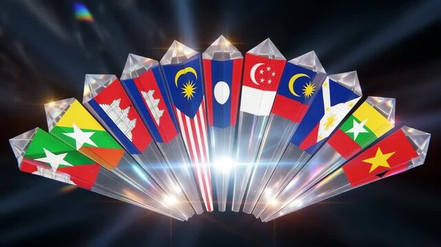 Dynamic Array of Southeast Asian Flags with Energetic Lighting and Visual Vibrancy