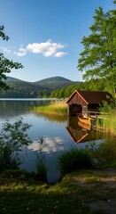 Fototapeta premium Serene Lakeside Cabin.