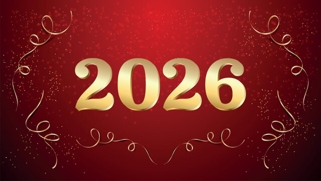 Vector illustration. 2026 badge design template in red and gold colors.	
