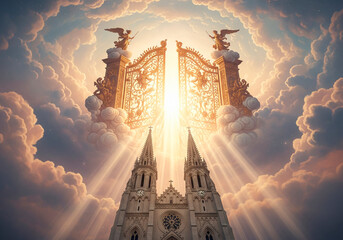 church with the gates of heaven open and heavenly light