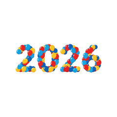 Colorful balloon arrangement spelling out the year 2026, festive and celebratory.
