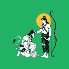 Vector artwork showing Lord Rama, holding his bow, affectionately blessing the kneeling Lord Hanuman. A colorful symbol of loyalty and divine companionship on a green background.