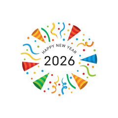 Happy New Year 2026 celebration with party hats and confetti.