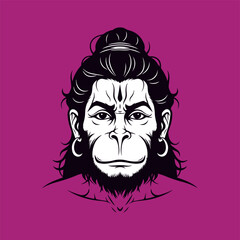 Bold black and white vector illustration of the face of Lord Hanuman, the Hindu Monkey God. Symbolizes fierce strength, loyalty, and deep spiritual devotion.
