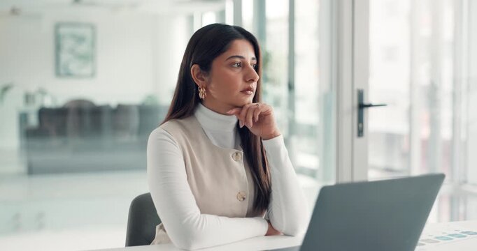 Thinking, research and laptop with business woman for reflection, insurance fraud case or report. Investigation results, claims manager and vision with person in agency for lability review and online